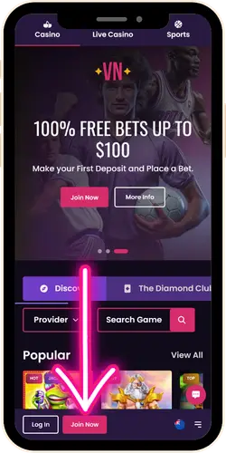 VegasNow Casino register button